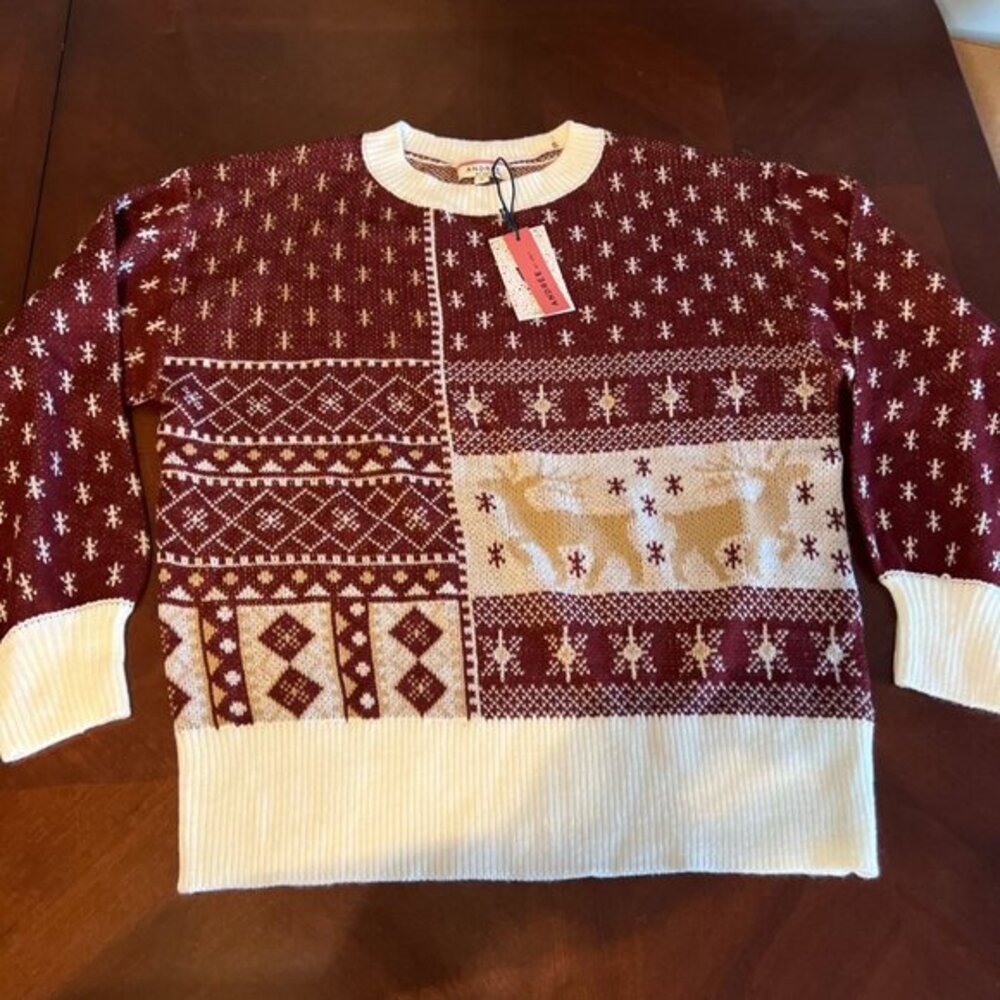 Andrée By Unit Womens Burgundy & Cream christmas sweater S‎ reindeers
